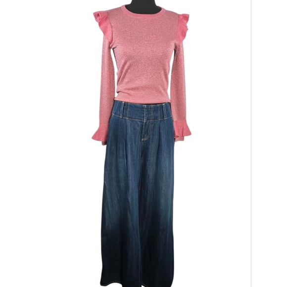 Alice + Olivia Anders Low Rise Pleated Wide Leg Jeans Love Train Dark Wash Sz 29 - Picture 7 of 16